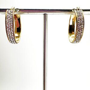 14K & Sterling Silver 925 Cubic Zirconia Elongated Hoop Earrings Size 1" Length